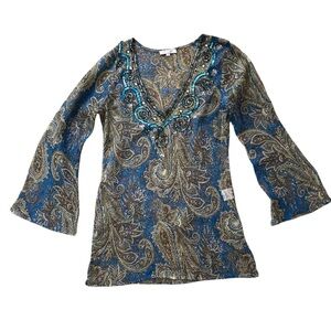 ✨ Y2K Romeo & Juliet Blue Brown Paisley Sheer Sequin V Neck Top Size S